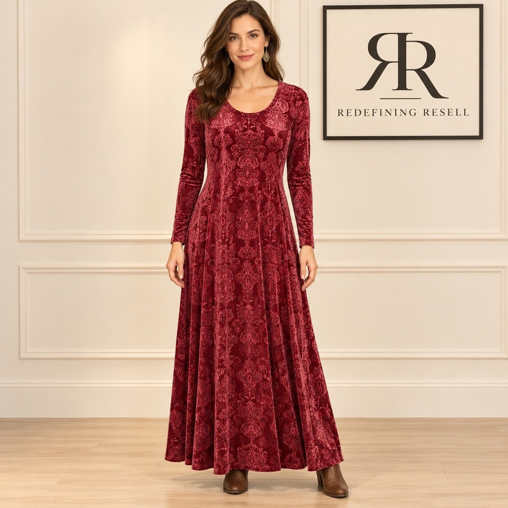 Soft Surroundings Burgundy Red Damask Velvet Maxi Dress Long Sleeve Small 2FZ86